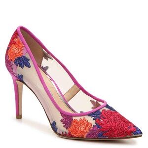 Pink Red Floral Embroidered Pumps Heels, Leather Sole, Size 10